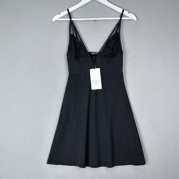 Zara Womens Dress Small Black Lace Deep V Neck Corset Fitted Date Night Club - Picture 1 of 13